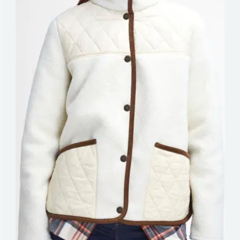 Women’s Cream Sherpa Quilted Jacket with Brown Trim